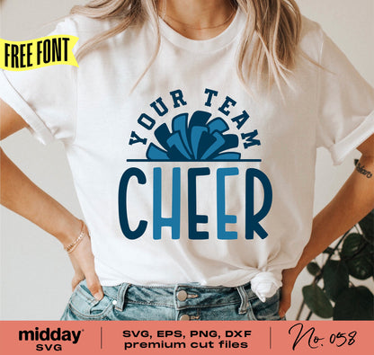 White t-shirt with "Your Team Cheer" and pom pom design, available as SVG, EPS, PNG, and DXF cut files for Cricut and Silhouette.