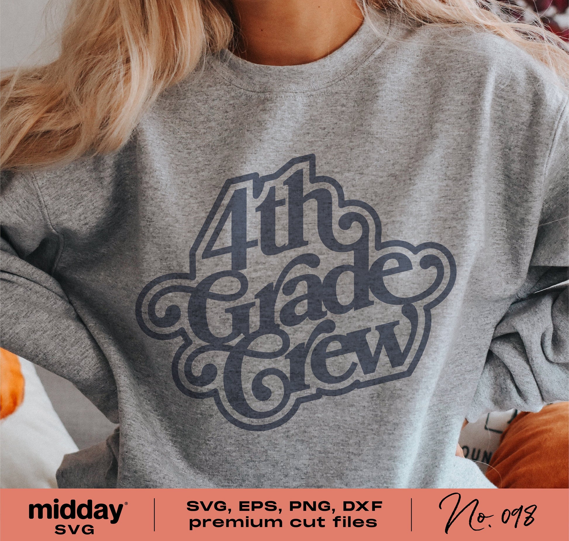 Person wearing a grey sweatshirt with '4th Grade Crew' design, showcasing a school-themed SVG design ideal for teachers and students.