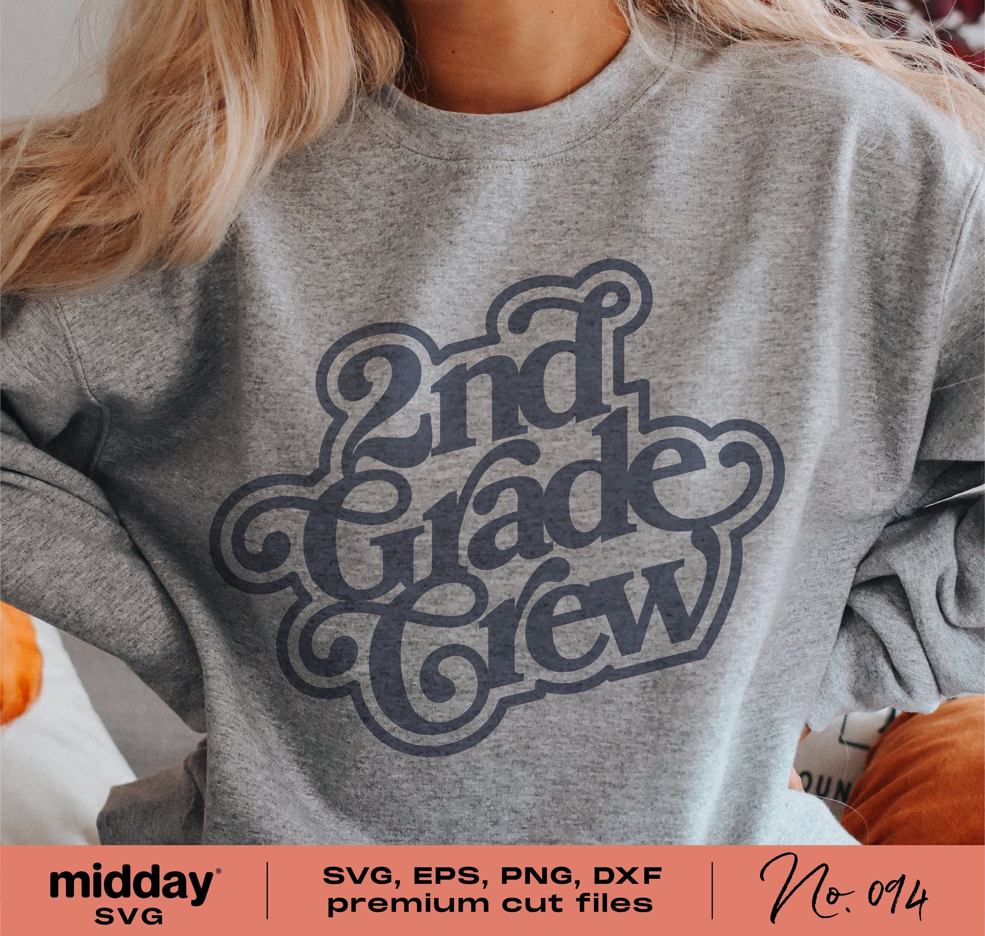 Gray sweatshirt with '2nd Grade Crew' design, available in SVG, EPS, PNG, and DXF formats for Cricut and Silhouette crafting.