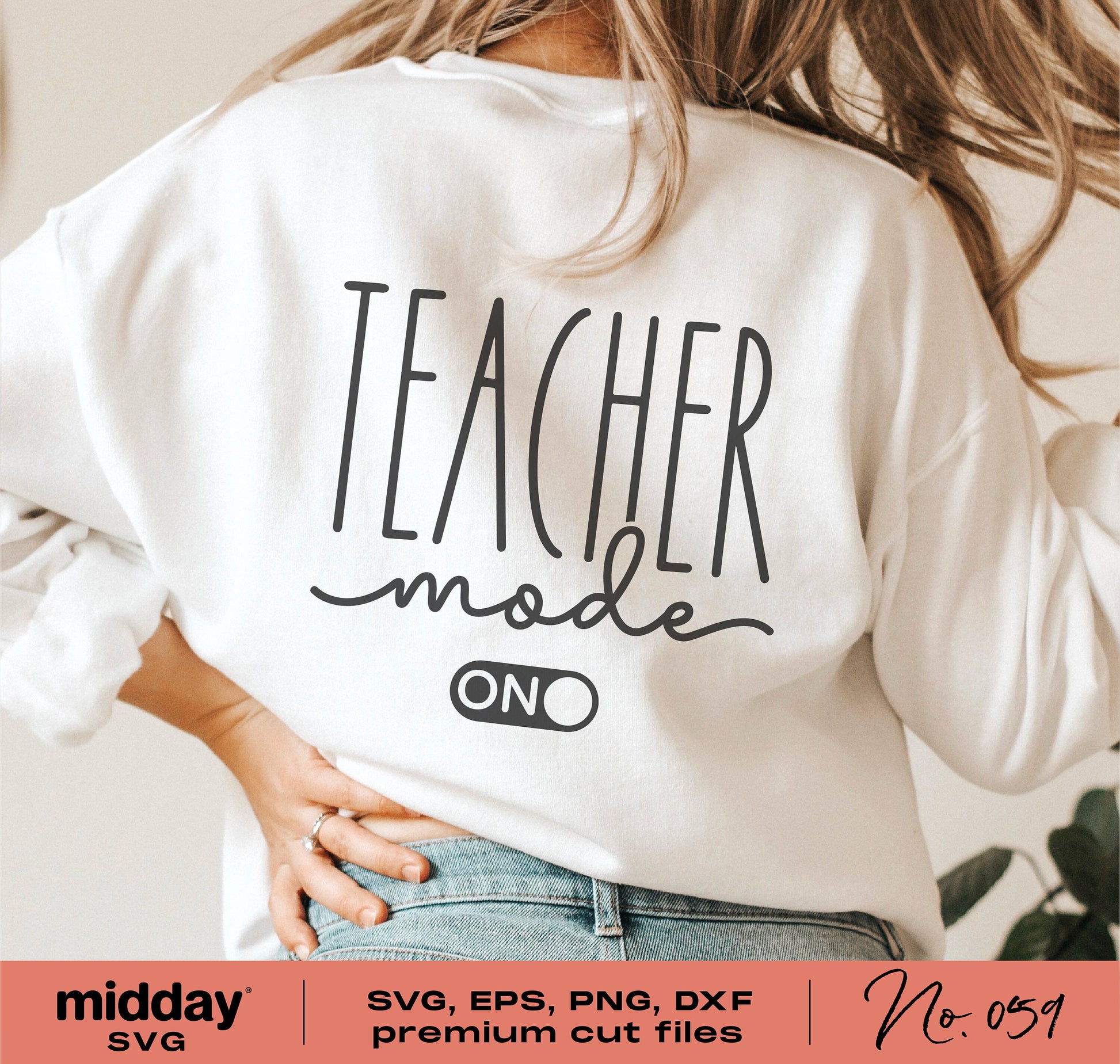 Woman wearing white shirt with 'Teacher Mode On' design, showcasing back to school SVG files for Cricut, Silhouette, and more.