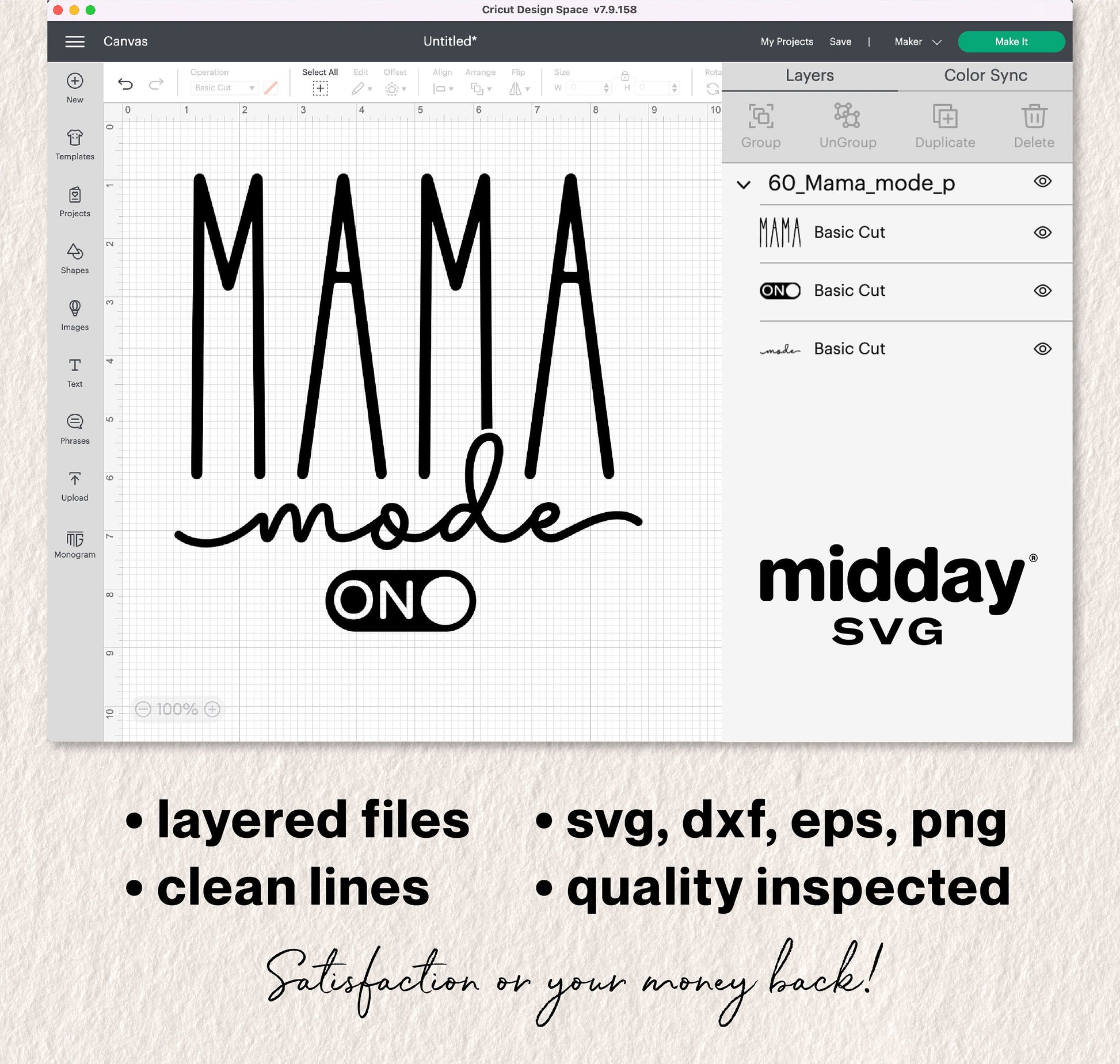 Mama Mode design in Cricut software featuring SVG, DXF, EPS, PNG files for funny mom life shirts and crafts.