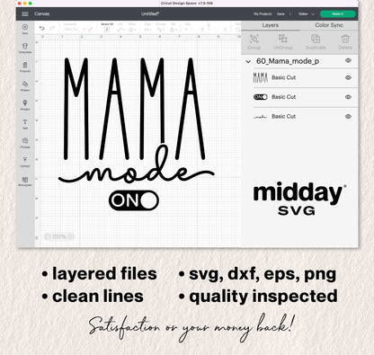 Mama Mode design in Cricut software featuring SVG, DXF, EPS, PNG files for funny mom life shirts and crafts.