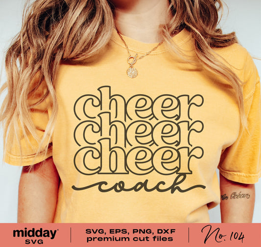 Cheer Coach shirt with "cheer cheer cheer coach" design, available in SVG, EPS, PNG, DXF formats for Cricut and Silhouette.