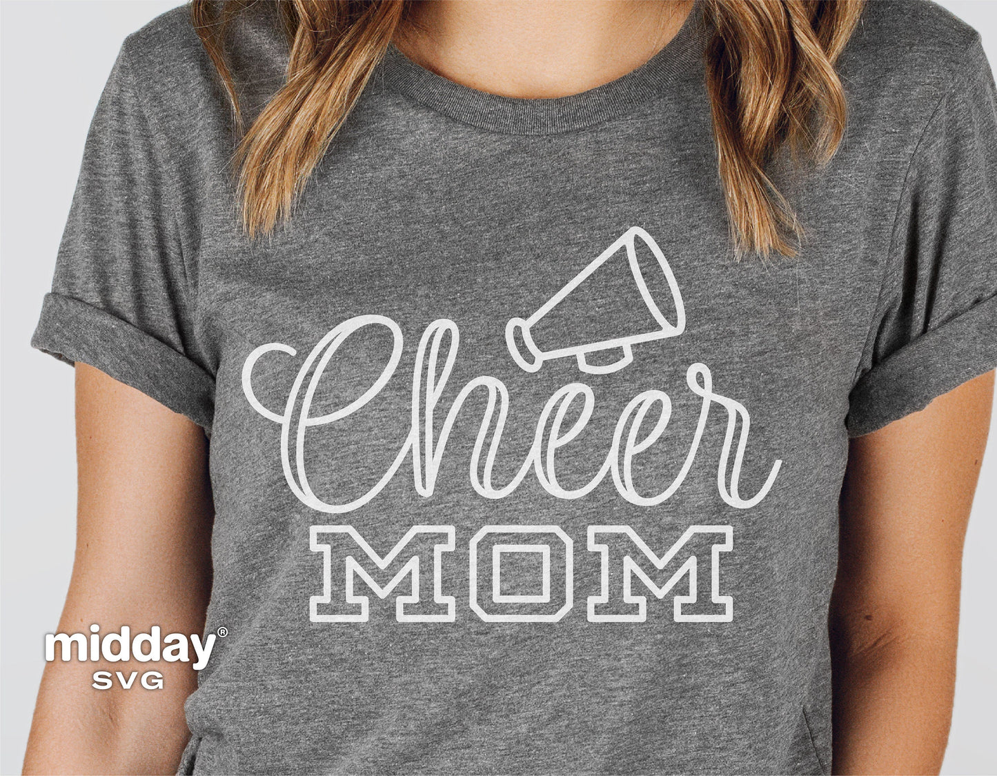 Gray t-shirt with "Cheer Mom" text and megaphone design for Cricut, Silhouette, sublimation, and crafting projects.