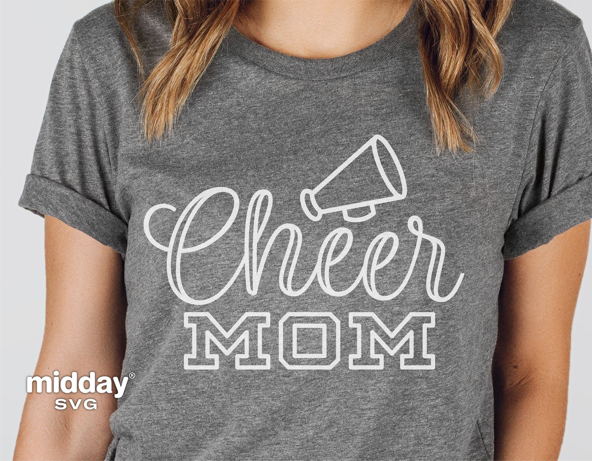 Gray t-shirt with "Cheer Mom" text and megaphone design for Cricut, Silhouette, sublimation, and crafting projects.