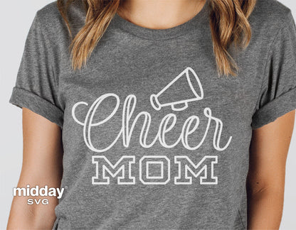 Gray t-shirt with "Cheer Mom" text and megaphone design for Cricut, Silhouette, sublimation, and crafting projects.