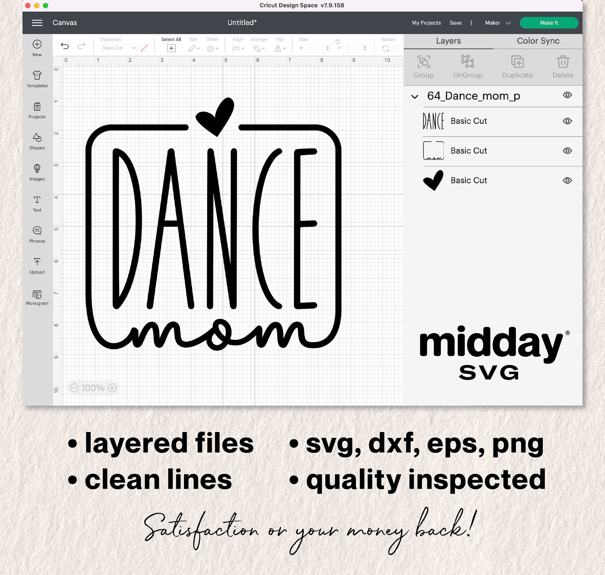 Dance Mom SVG design displayed in Cricut Design Space, featuring layered files, suitable for Cricut and Silhouette use.