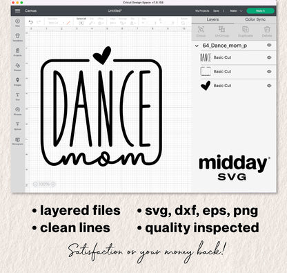 Dance Mom SVG design displayed in Cricut Design Space, featuring layered files, suitable for Cricut and Silhouette use.