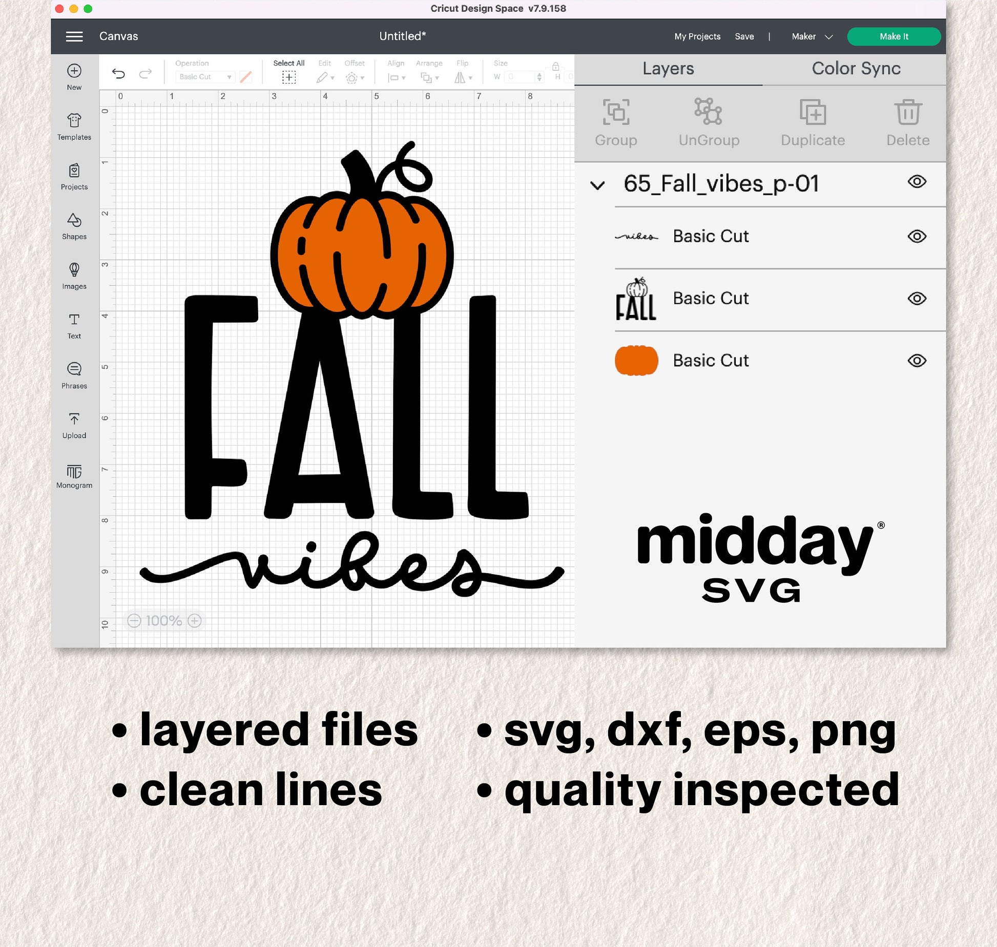 Fall Vibes SVG design with pumpkin, displayed in Cricut Design Space, includes SVG, DXF, EPS, PNG formats, perfect for fall crafts.