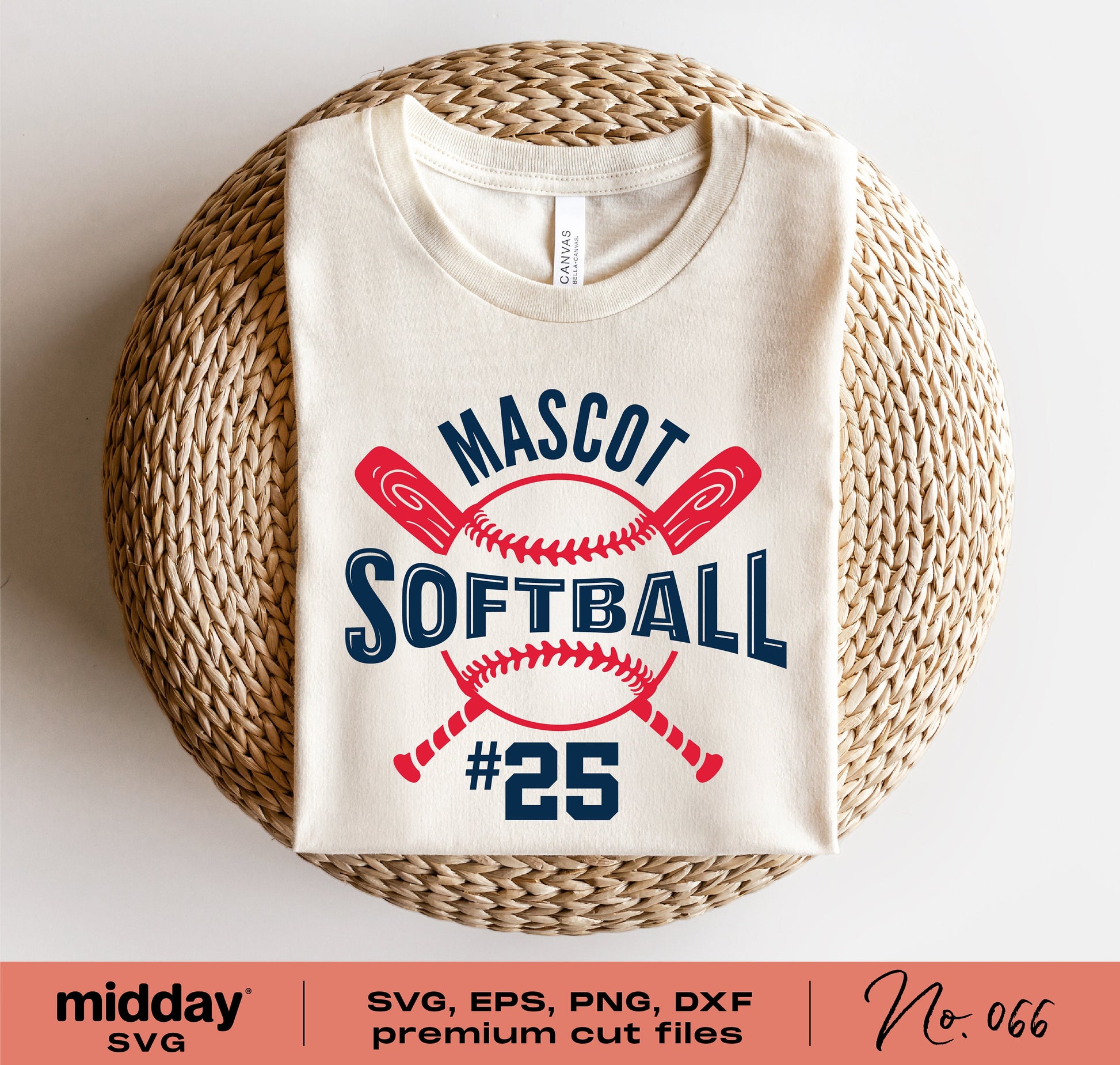 Softball team shirt with custom mascot design, red and blue text, and crossed bats. SVG, EPS, PNG, DXF cut files for Cricut, Silhouette.