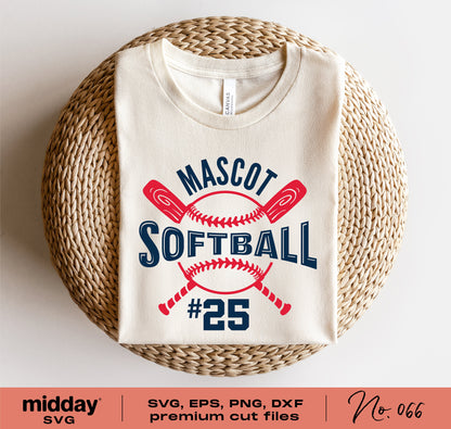 Softball team shirt with custom mascot design, red and blue text, and crossed bats. SVG, EPS, PNG, DXF cut files for Cricut, Silhouette.