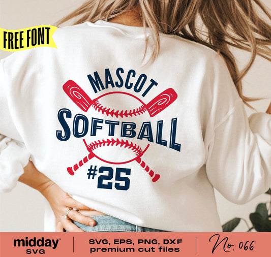 Woman wearing white sweatshirt with red and blue softball design, Mascot and #25 printed on back, suitable for Cricut and Silhouette cutting.