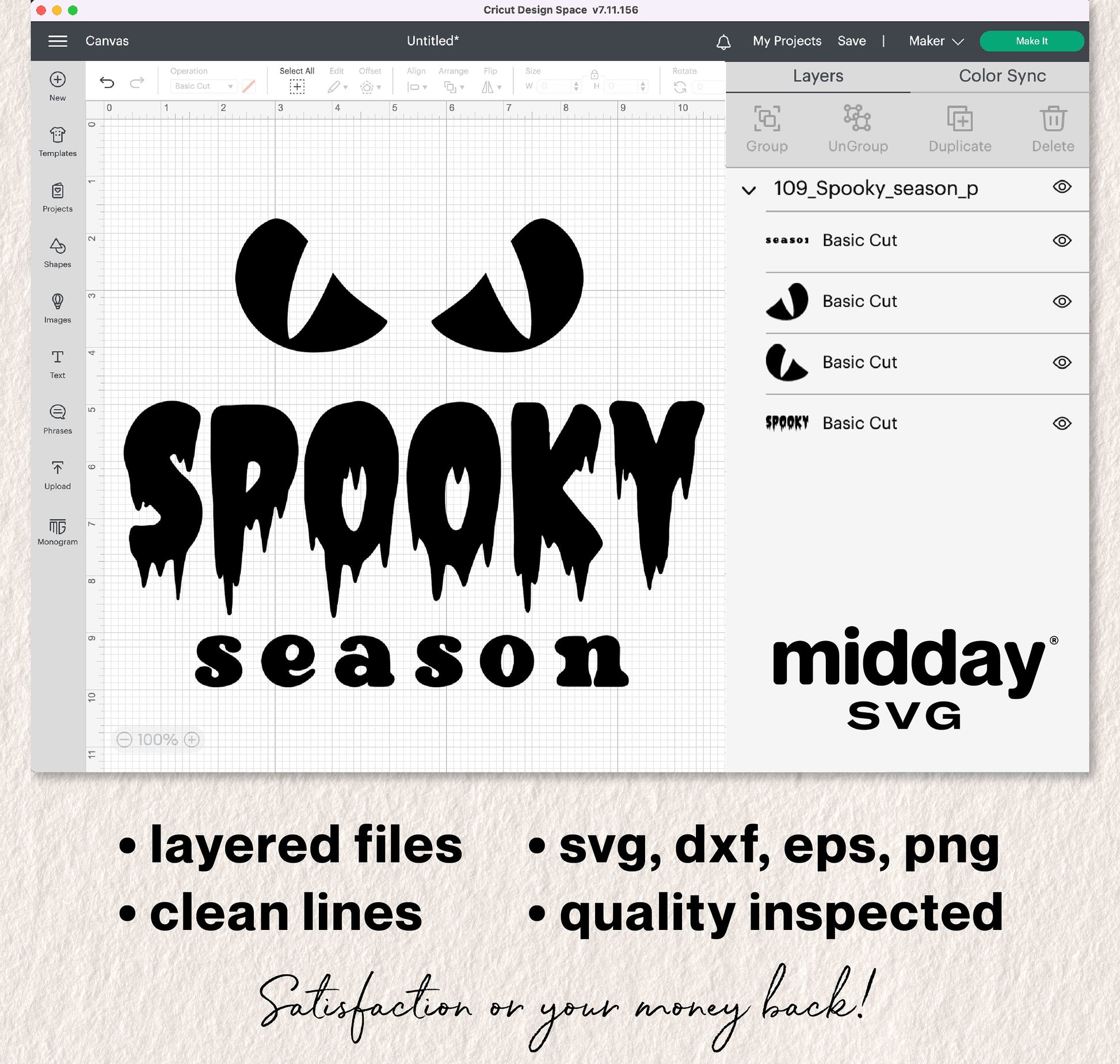 Spooky Season SVG design with spooky eyes and text, available in SVG, DXF, EPS, PNG for Cricut and Silhouette crafting projects.