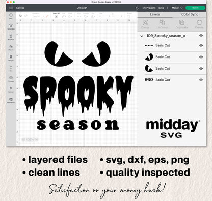 Spooky Season SVG design with spooky eyes and text, available in SVG, DXF, EPS, PNG for Cricut and Silhouette crafting projects.