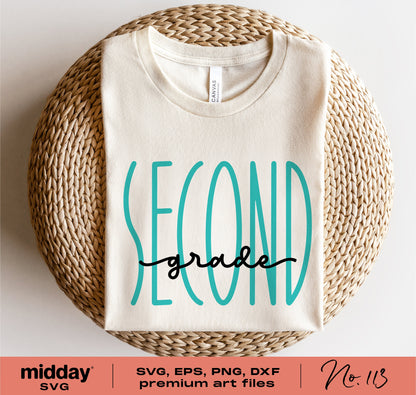 Second Grade SVG design on white T-shirt, perfect for Cricut cutting, back-to-school projects, and teacher gifts.