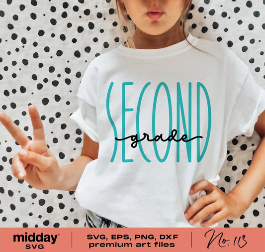 "Hello Second Grade design on child's t-shirt, perfect for back-to-school, teacher gifts, and crafting with Cricut or Silhouette."