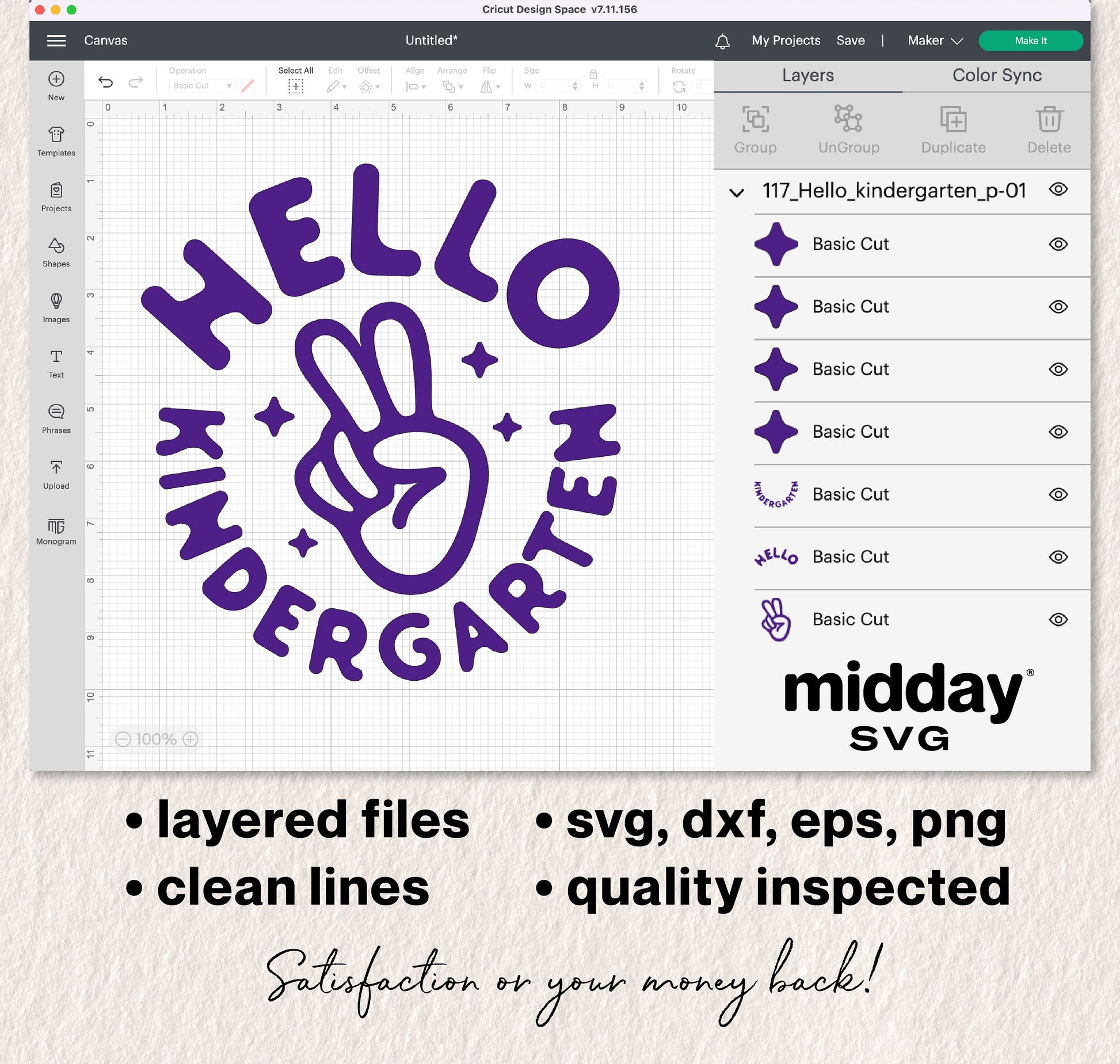 Hello Kindergarten SVG design displayed in Cricut Design Space with layered files and clean lines, available in SVG, DXF, EPS, PNG formats.