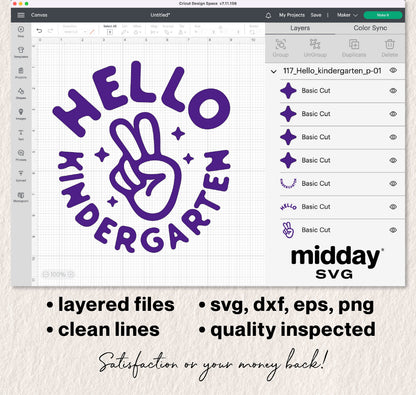 Hello Kindergarten SVG design displayed in Cricut Design Space with layered files and clean lines, available in SVG, DXF, EPS, PNG formats.