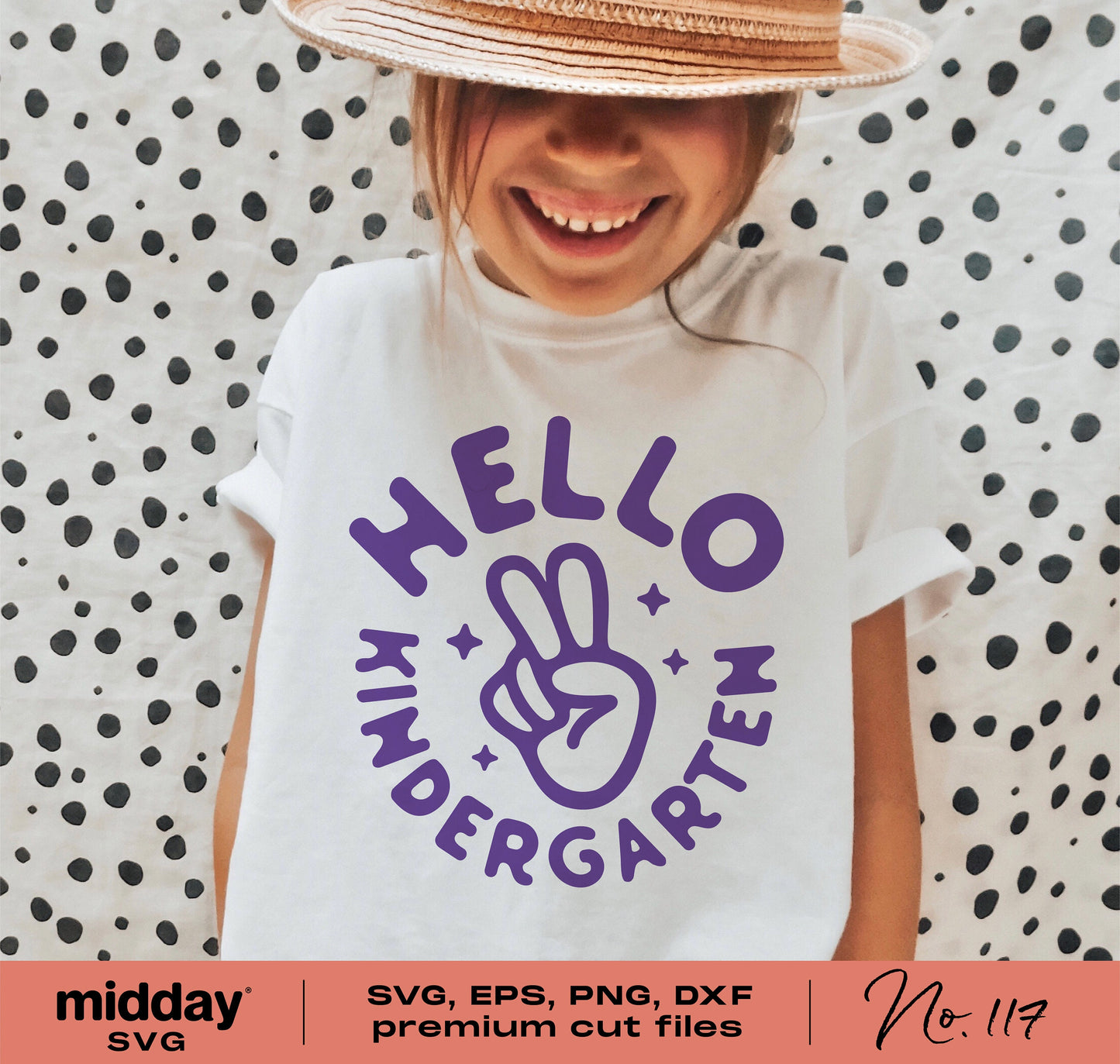 Child wearing 'Hello Kindergarten' shirt, featuring peace sign graphic. SVG, EPS, PNG, DXF files for Cricut and Silhouette.