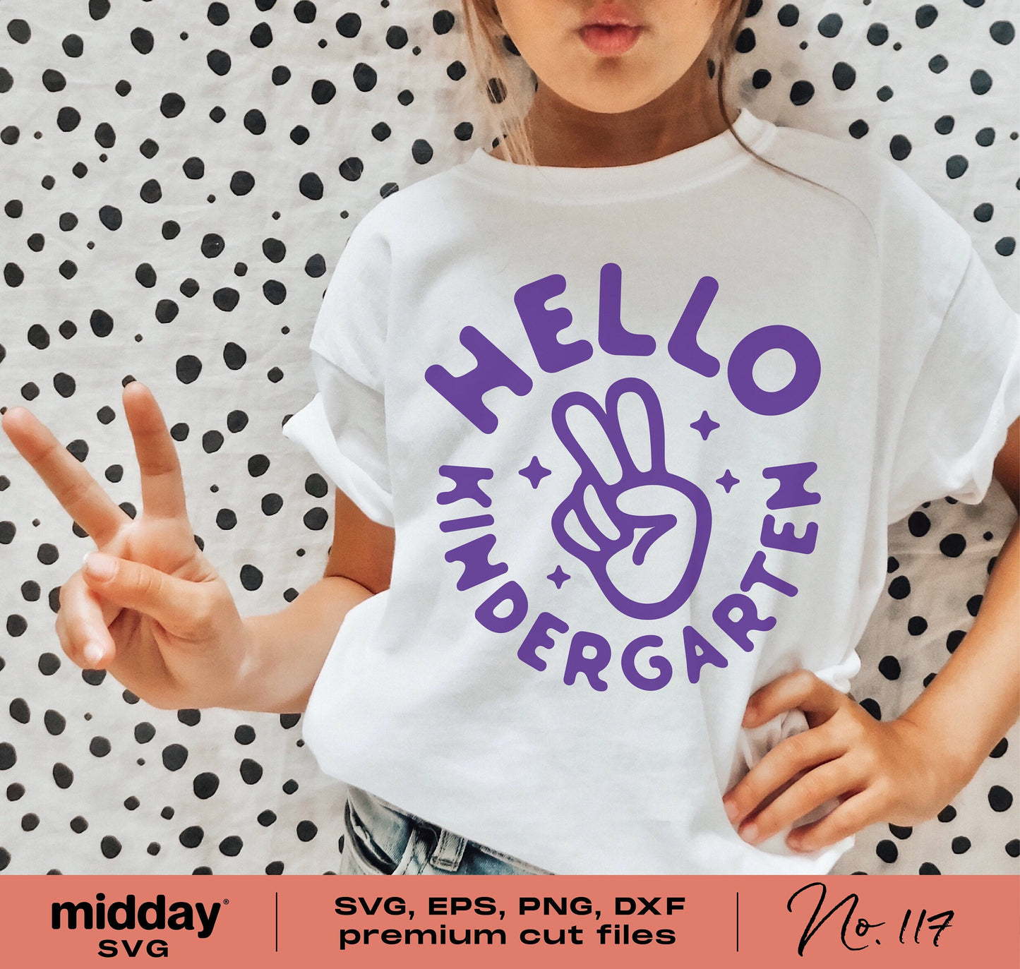 Child wearing 'Hello Kindergarten' shirt with peace sign, ideal for first day of school SVG designs and Cricut cut files.