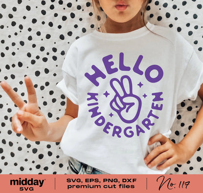 Child wearing 'Hello Kindergarten' shirt with peace sign, ideal for first day of school SVG designs and Cricut cut files.