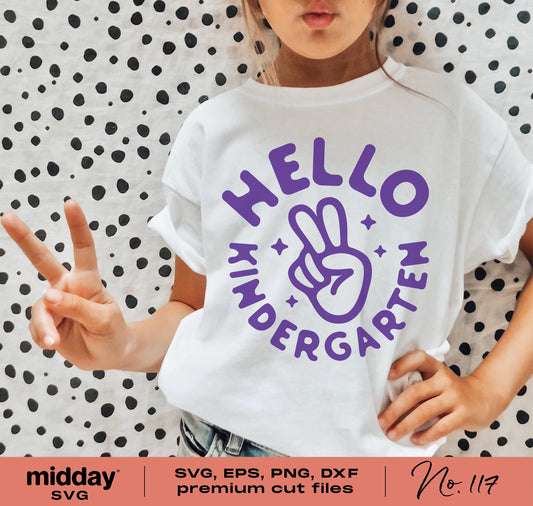 Child wearing 'Hello Kindergarten' shirt with peace sign, ideal for first day of school SVG designs and Cricut cut files.