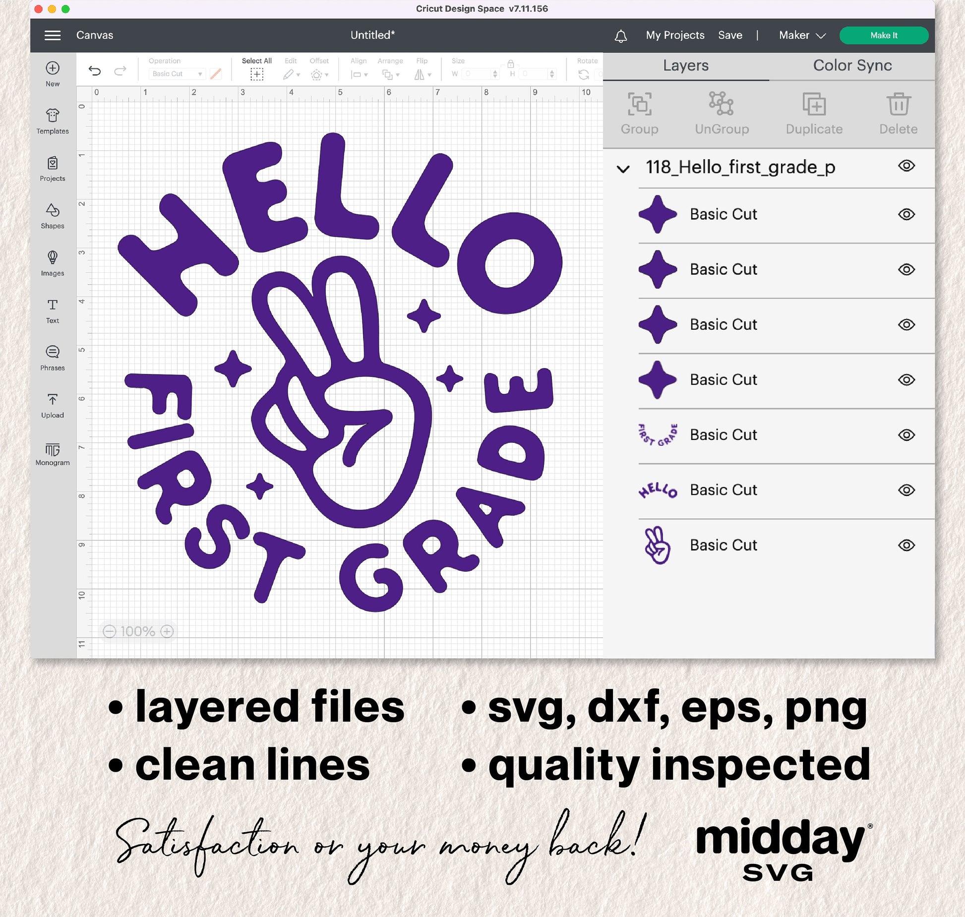 Hello First Grade SVG displayed in Cricut Design Space with peace sign design and text for first day of school projects.