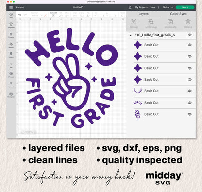 Hello First Grade SVG displayed in Cricut Design Space with peace sign design and text for first day of school projects.