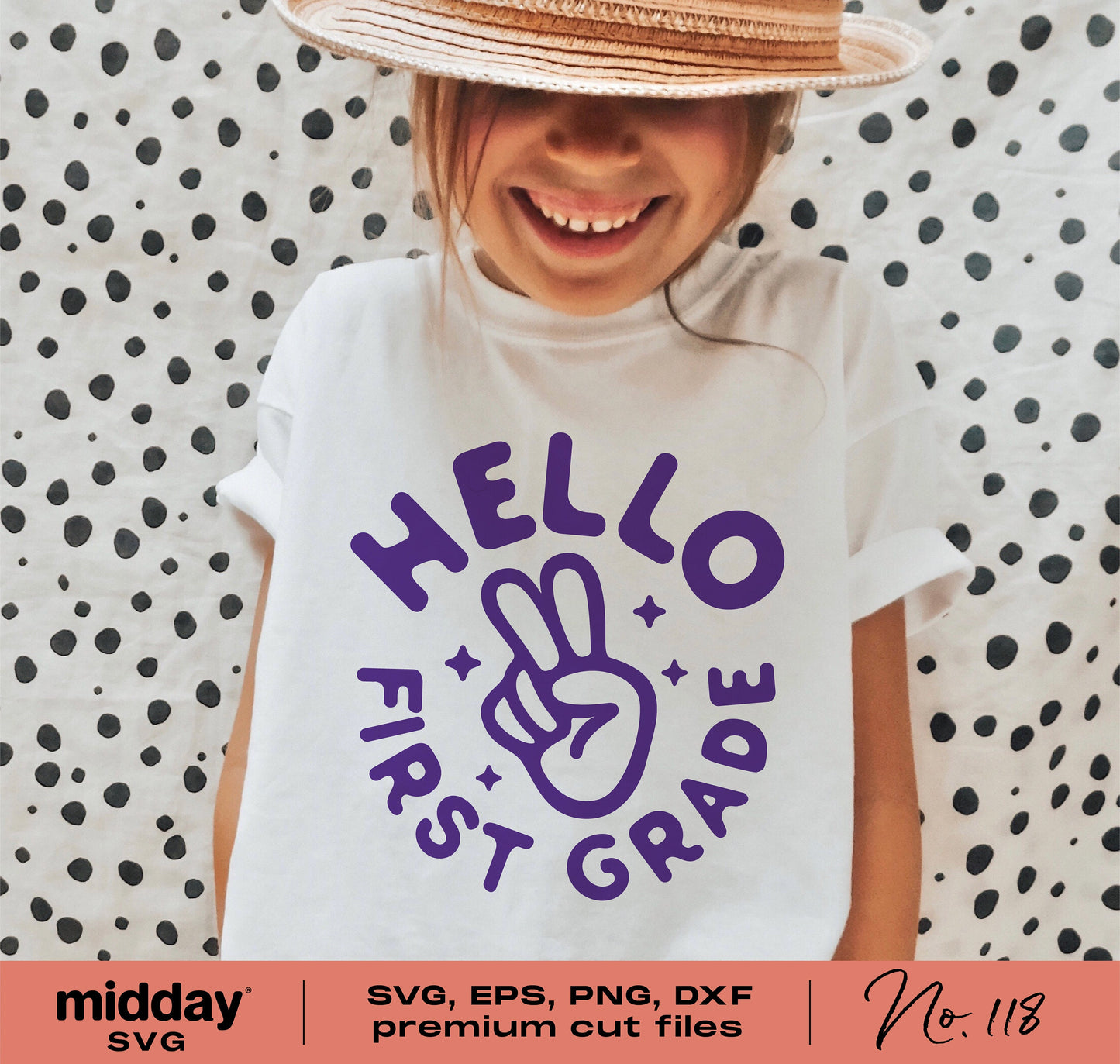 Girl wearing 'Hello First Grade' T-shirt, SVG cut file available, perfect for Cricut and Silhouette, first day of school design.