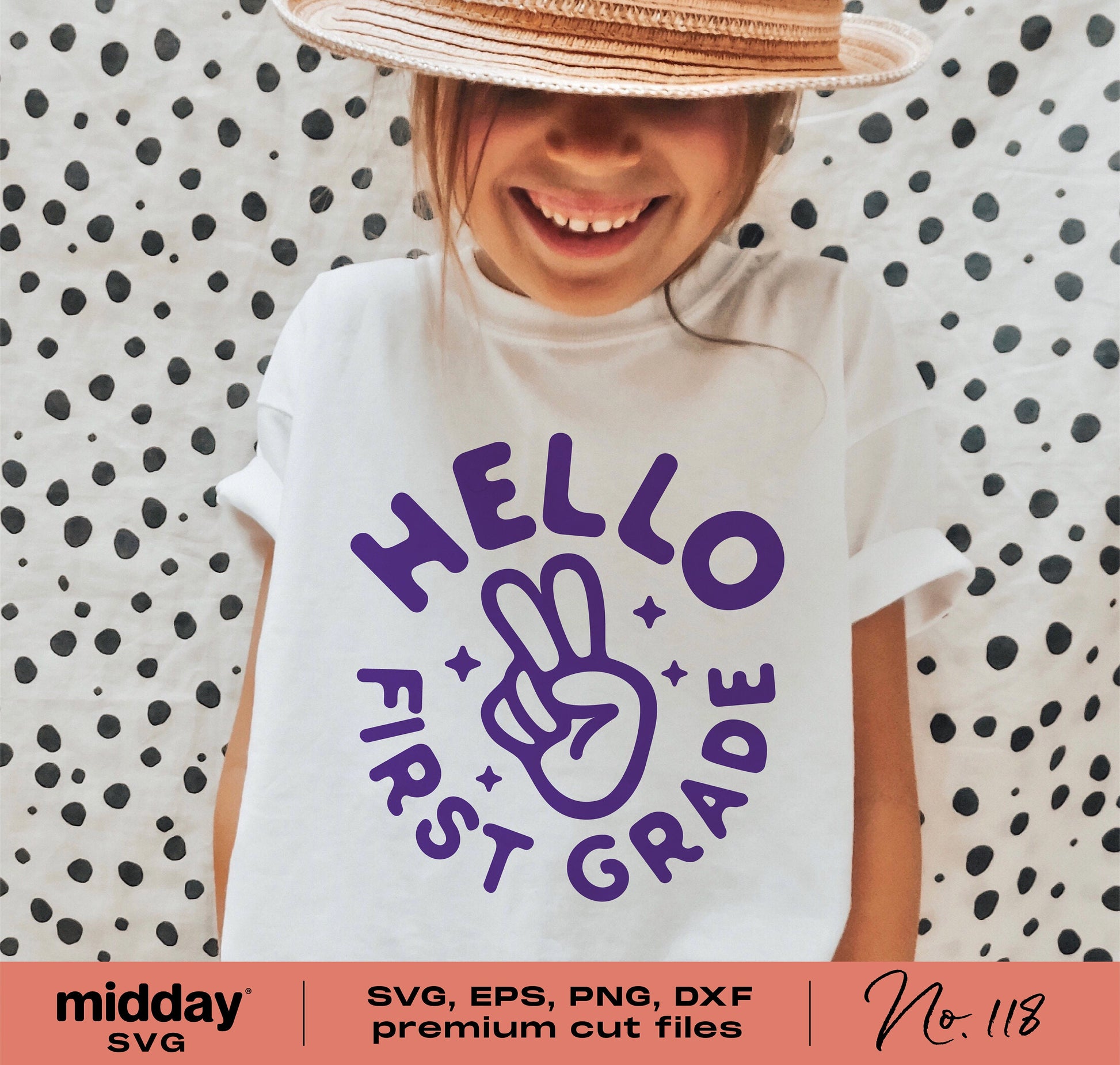 Girl wearing 'Hello First Grade' T-shirt, SVG cut file available, perfect for Cricut and Silhouette, first day of school design.
