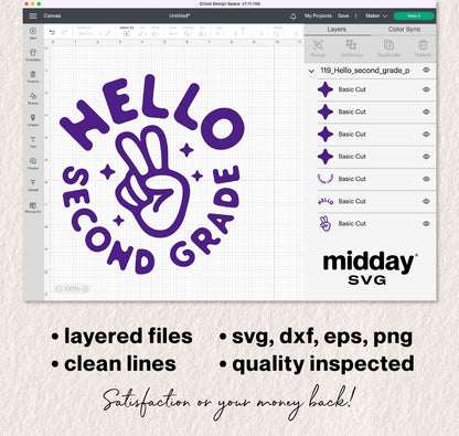 Hello Second Grade SVG design featuring peace sign, perfect for Cricut and Silhouette users. Includes svg, dxf, eps, png formats.