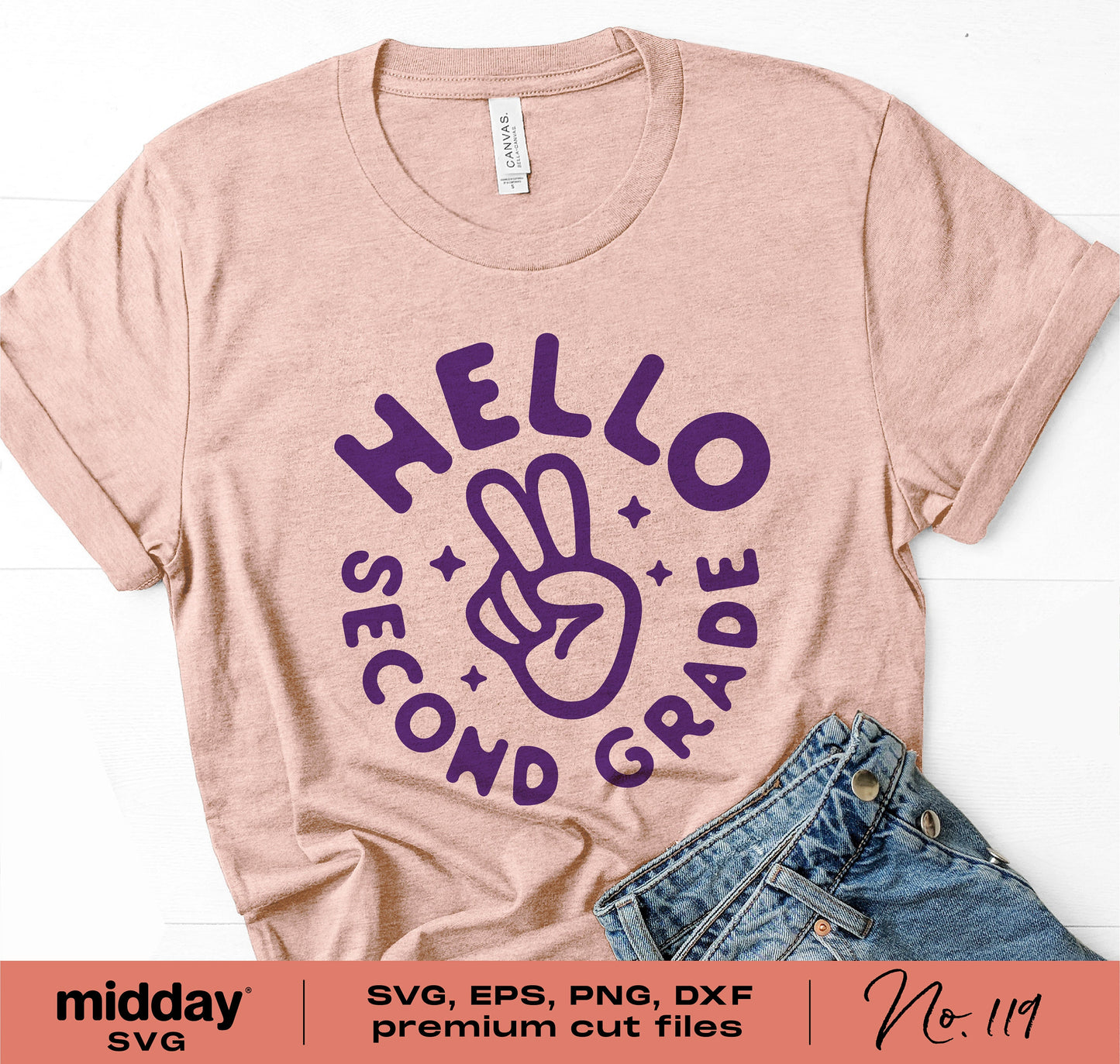 Beige t-shirt with 'Hello Second Grade' design in purple, featuring a peace sign, ideal for first day of second grade or back to school.
