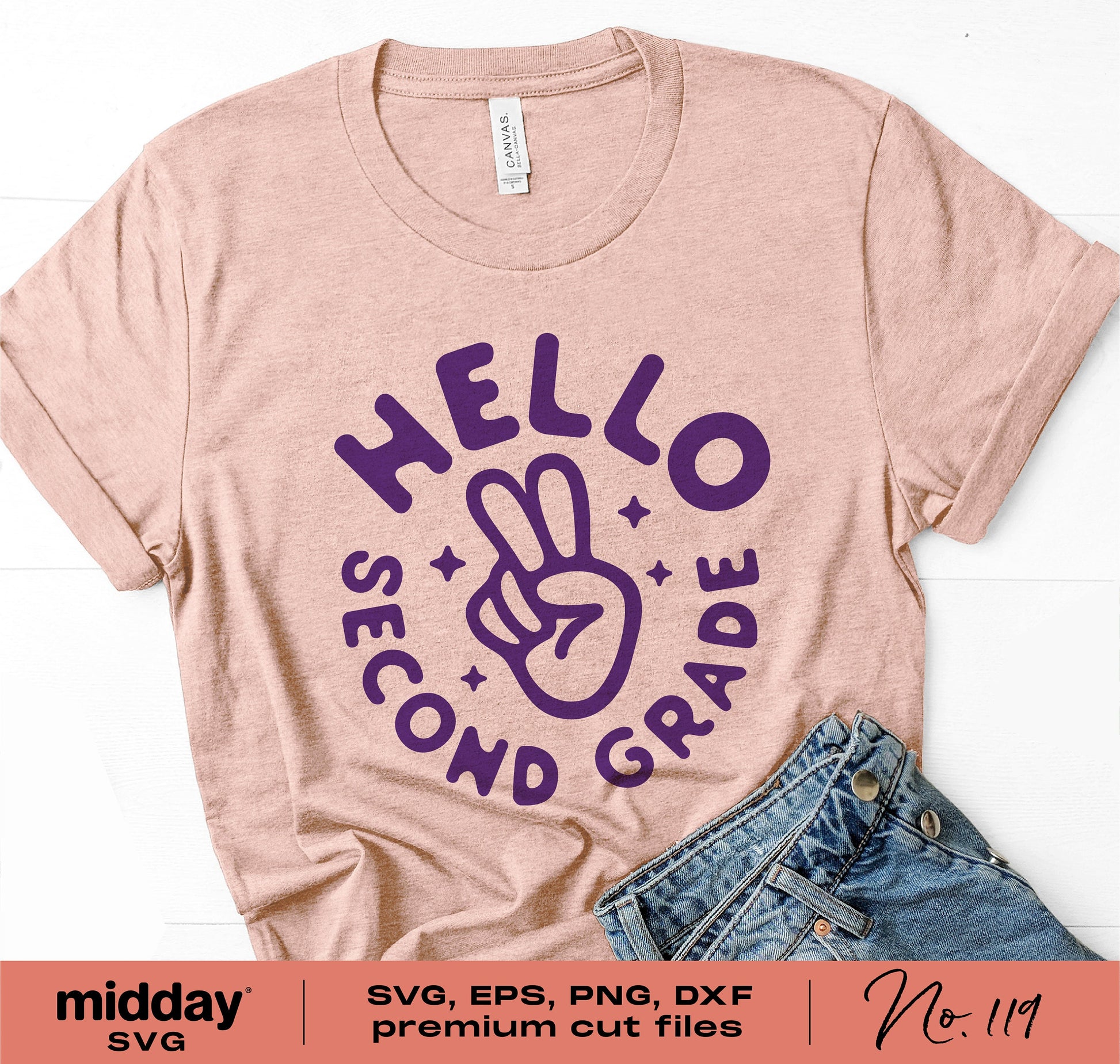Beige t-shirt with 'Hello Second Grade' design in purple, featuring a peace sign, ideal for first day of second grade or back to school.