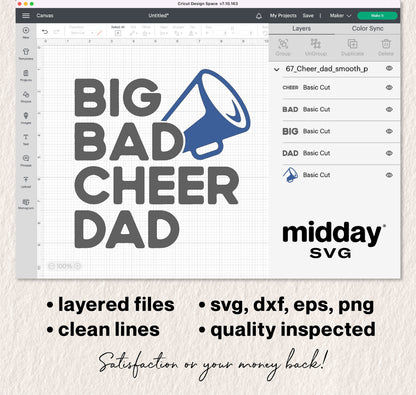 Big Bad Cheer Dad SVG file displayed in Cricut Design Space, featuring layered and quality-inspected digital cut files for crafting.