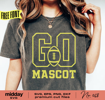 Woman wearing a shirt with 'Go Mascot' football SVG design, suitable for Cricut and Silhouette.