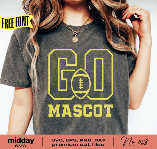 Woman wearing a shirt with 'Go Mascot' football SVG design, suitable for Cricut and Silhouette.