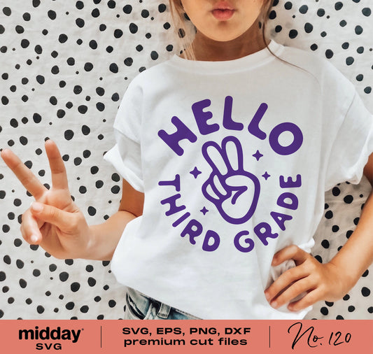 Girl wearing a white shirt with 'Hello Third Grade' design, peace sign graphic, and dots background. Ideal for first day of school SVG use.