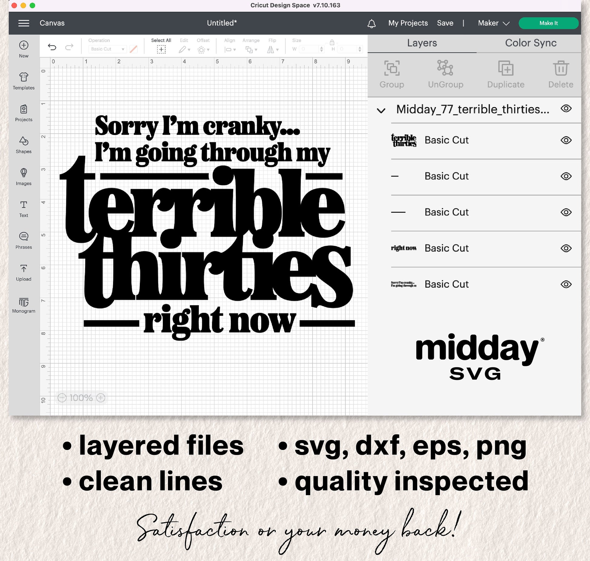 Terrible Thirties SVG design with funny quote, layered files for Cricut and Silhouette in svg, dxf, eps, png formats.