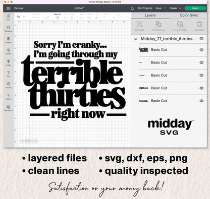 Terrible Thirties SVG design with funny quote, layered files for Cricut and Silhouette in svg, dxf, eps, png formats.