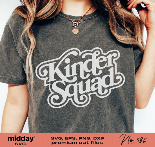 Woman wearing Kinder Squad T-shirt, perfect for kindergarten teachers, featuring SVG cut files for Cricut and Silhouette.