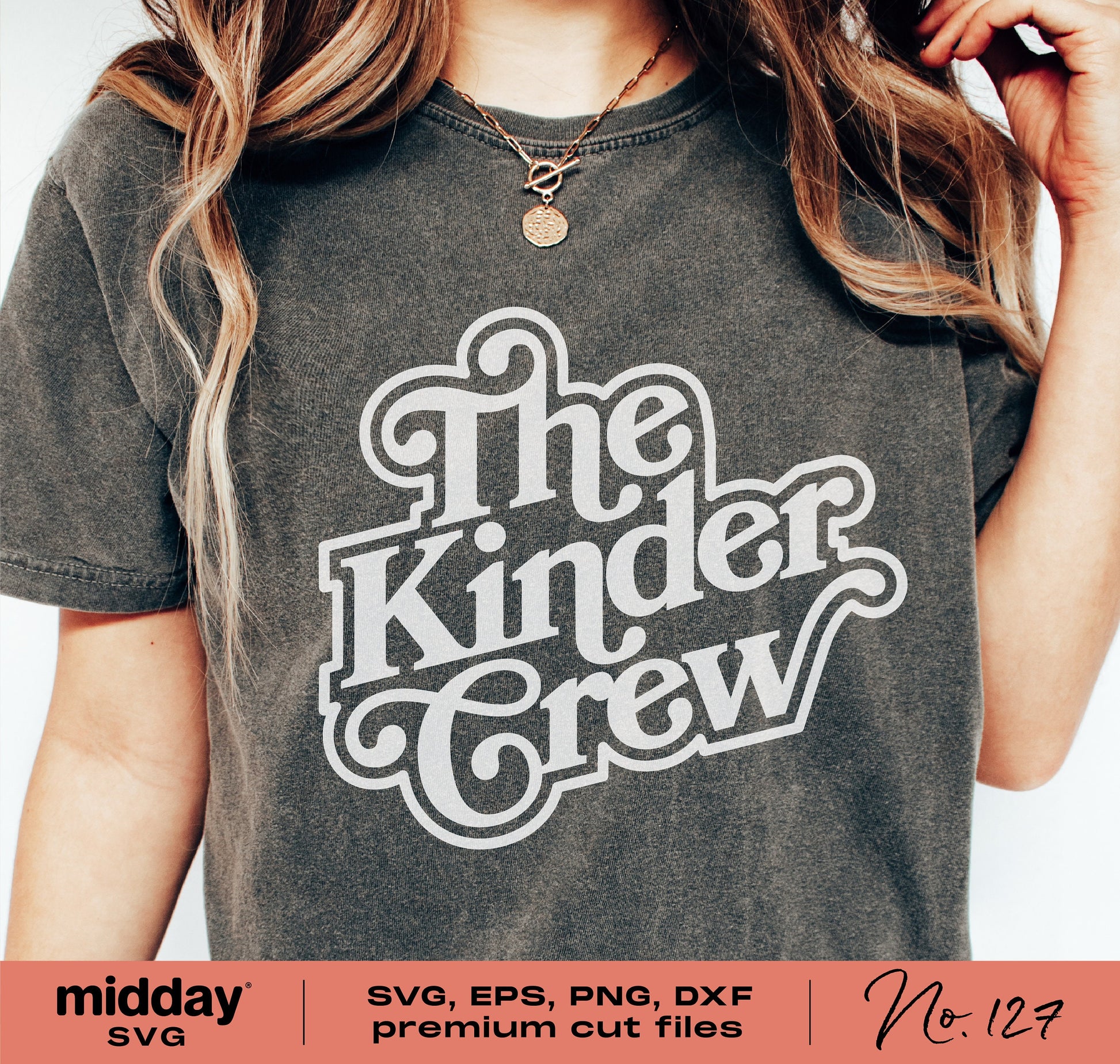 "The Kinder Crew" design on a t-shirt, featuring SVG, EPS, PNG, DXF cut files for Cricut and Silhouette, ideal for teachers.
