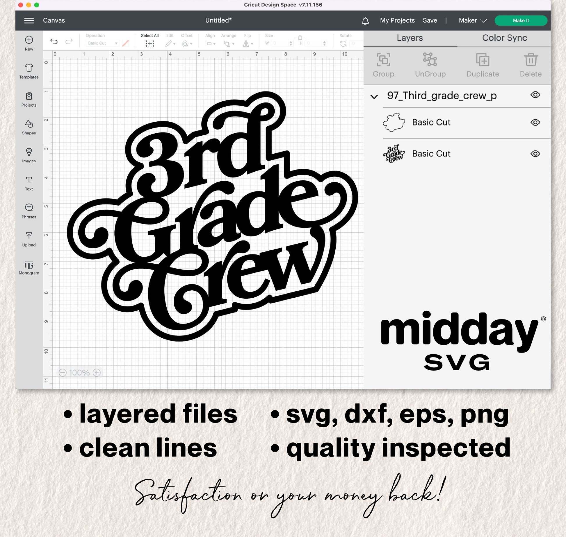 3rd Grade Crew design displayed in Cricut software with SVG, DXF, EPS, PNG file formats, ideal for teacher and student shirts.