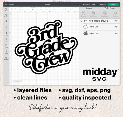 3rd Grade Crew design displayed in Cricut software with SVG, DXF, EPS, PNG file formats, ideal for teacher and student shirts.