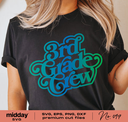 Person wearing a black shirt with '3rd Grade Crew' design in blue and green, perfect for teachers and students, featuring SVG files.