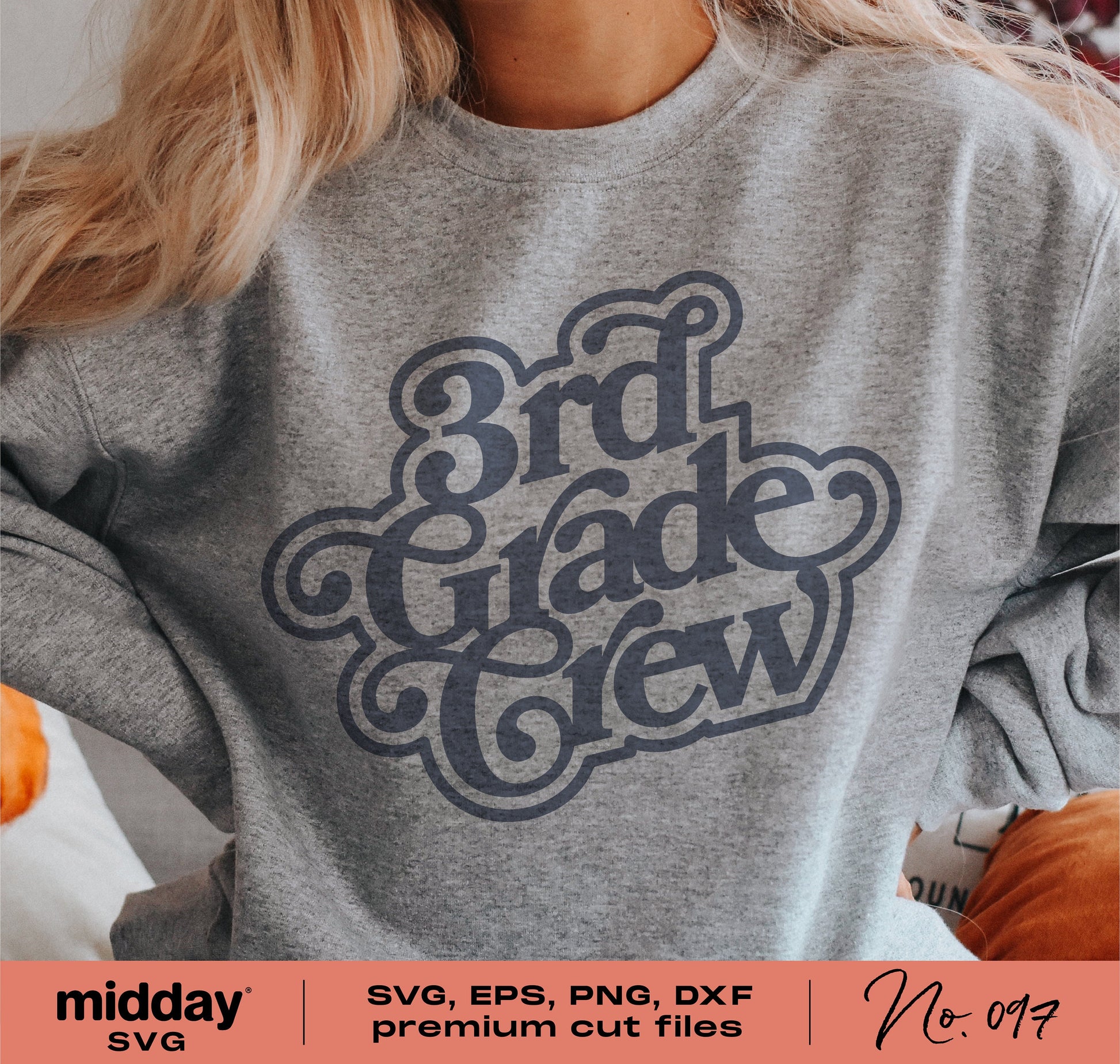 Gray sweatshirt with "3rd Grade Crew" design, suitable for teachers and students. Available in SVG, EPS, PNG, and DXF formats.