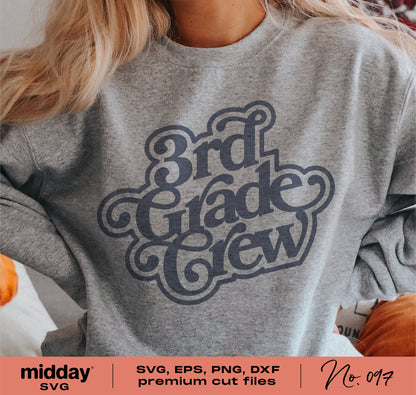 Gray sweatshirt with "3rd Grade Crew" design, suitable for teachers and students. Available in SVG, EPS, PNG, and DXF formats.