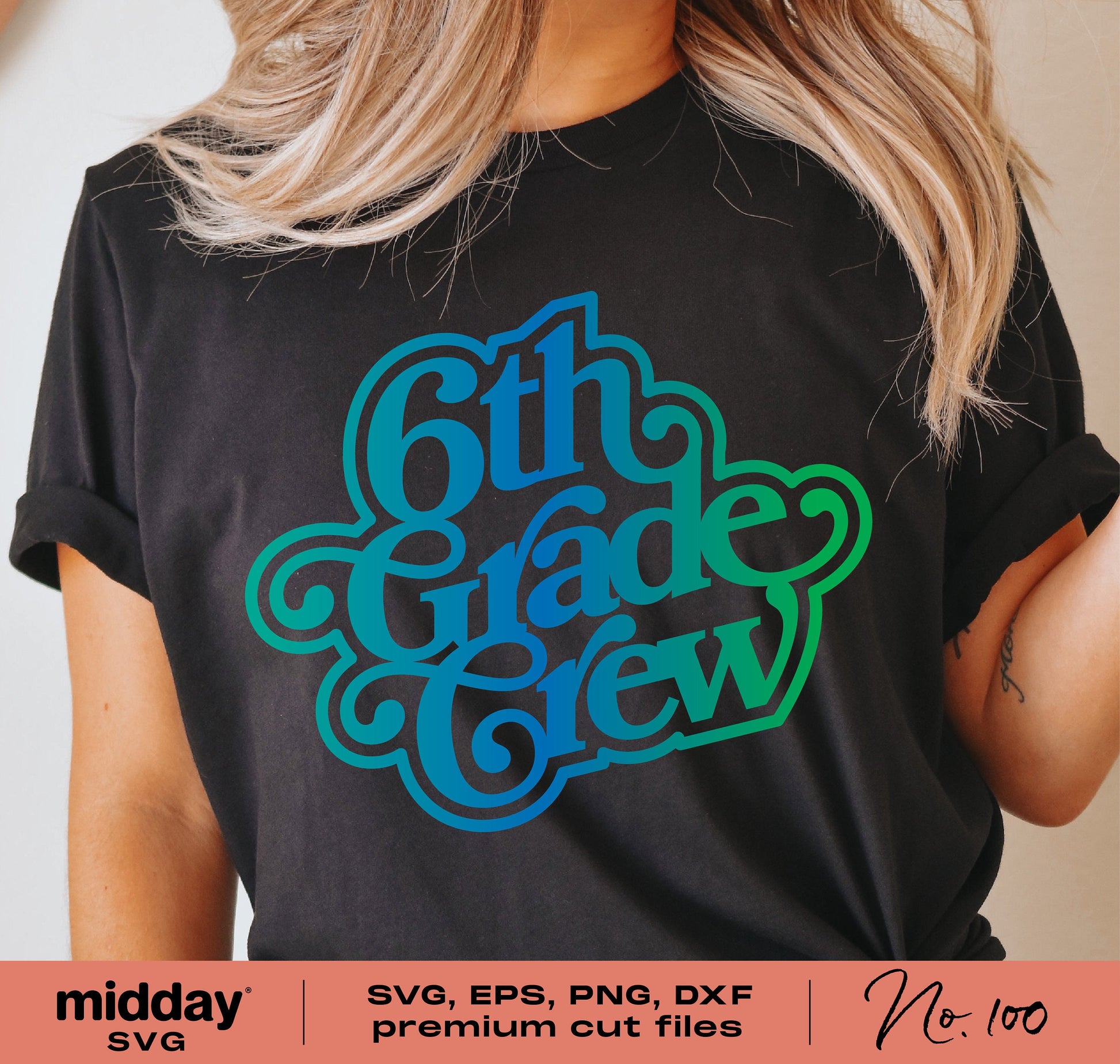 6th Grade Crew shirt design in blue and green, perfect for teachers, students, back to school, and crafting with Cricut and Silhouette.