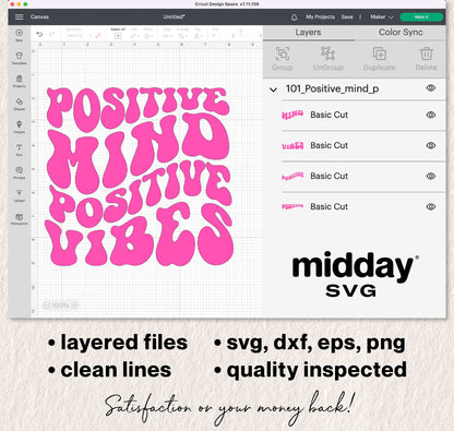 Groovy 'Positive Mind Positive Vibes' SVG with layered design for Cricut, includes svg, dxf, eps, png formats, quality inspected.