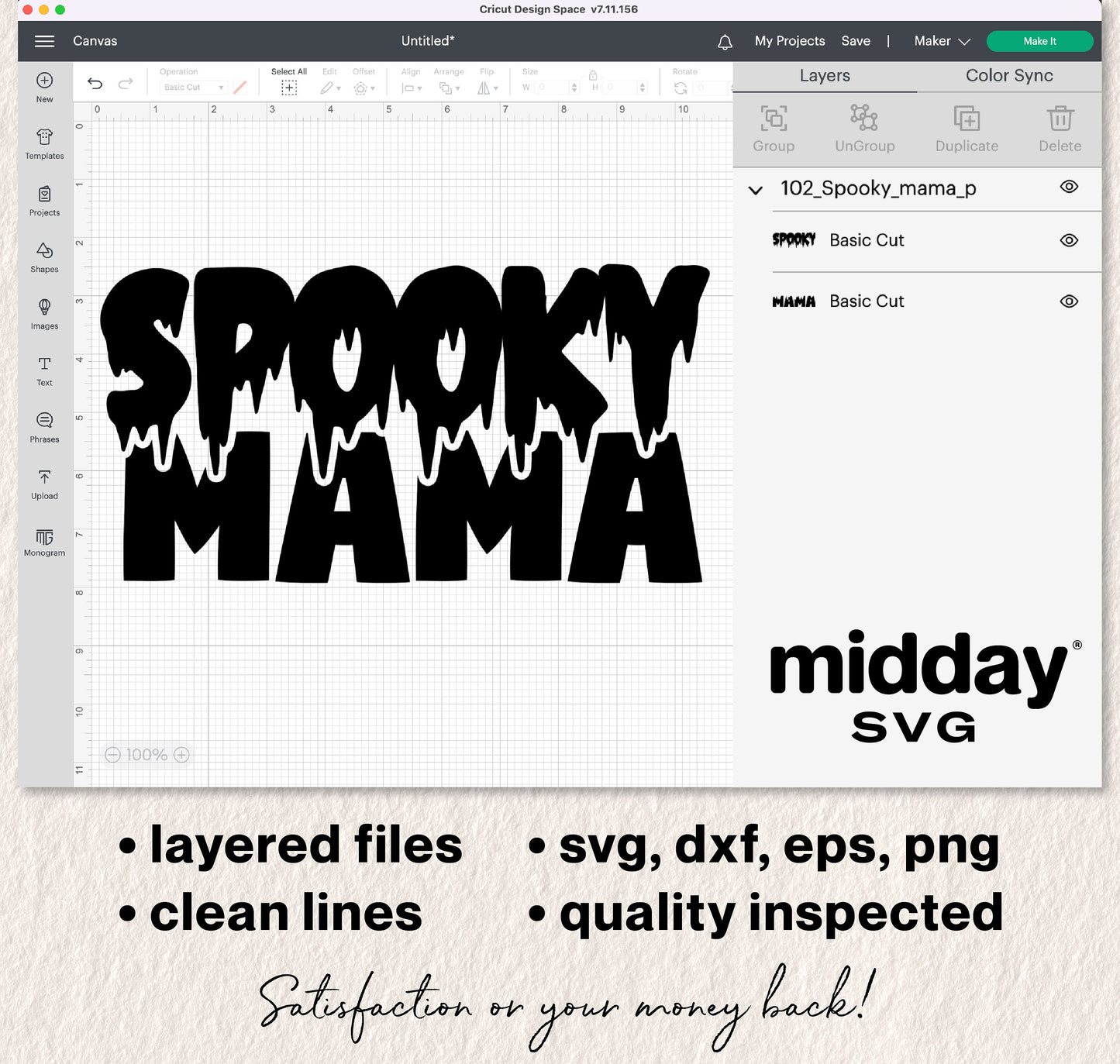 "Spooky Mama" SVG design displayed in Cricut Design Space with layered files, available in svg, dxf, eps, and png formats.