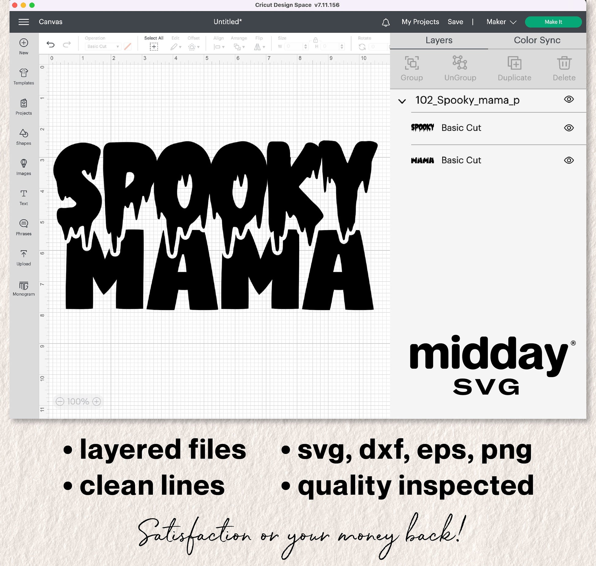 "Spooky Mama" SVG design displayed in Cricut Design Space with layered files, available in svg, dxf, eps, and png formats.